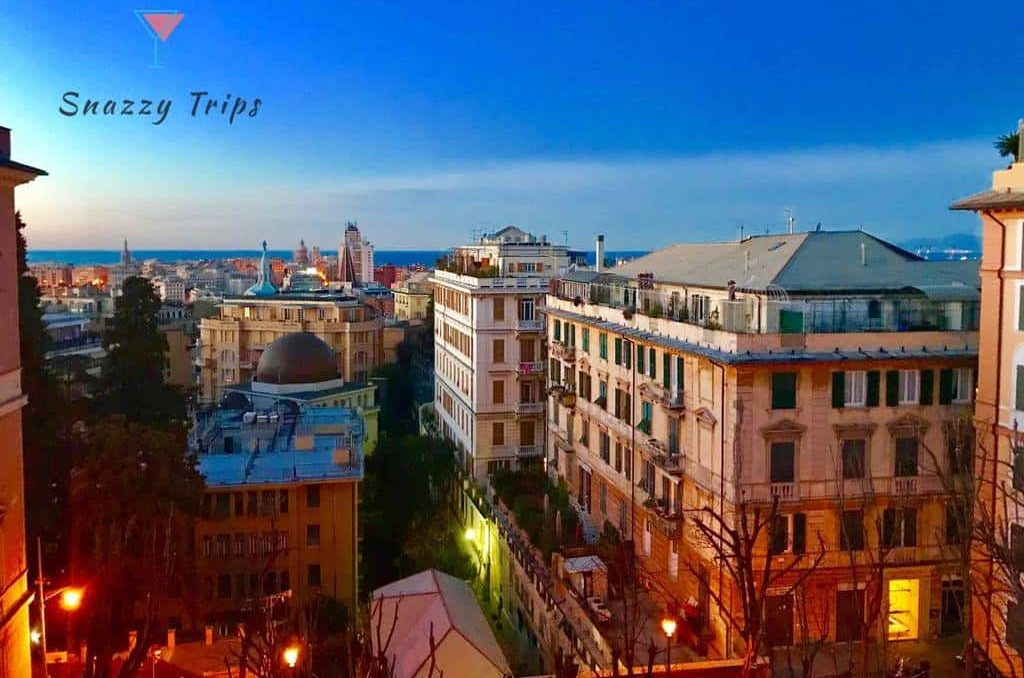 City buildings at dusk with blue sky